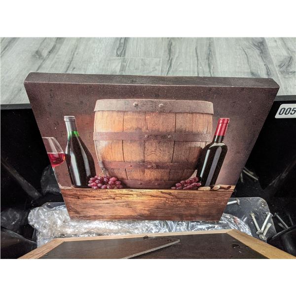 Bucket full of assorted framed pictures/ canvas of barrel & wine/ 14 Canadian hockey wall hangings w