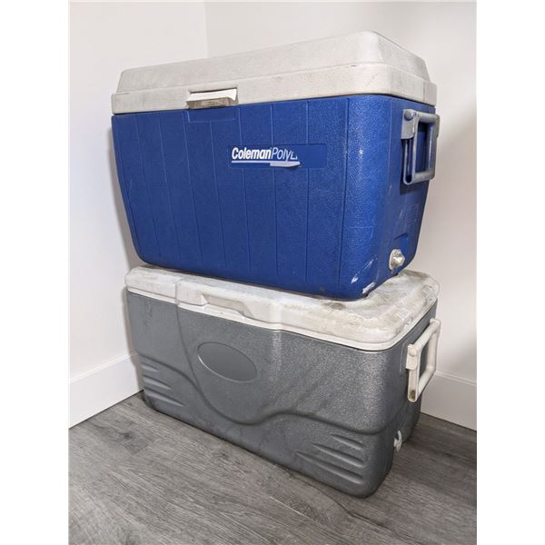 Group of 2 Coleman Lid coolers - blue & grey - fairly used