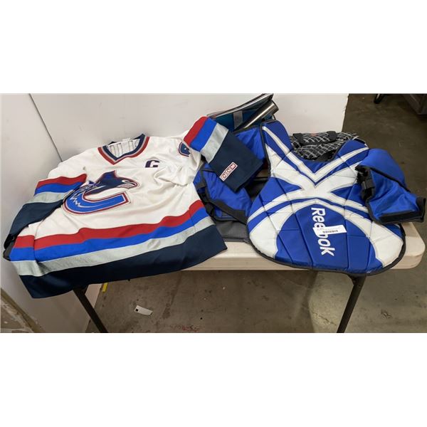 MARKUS NASLUND VANCOUVER CANUCKS JERSEY WITH GOALIE CHEST PAD, COOLER BAGS AND MORE