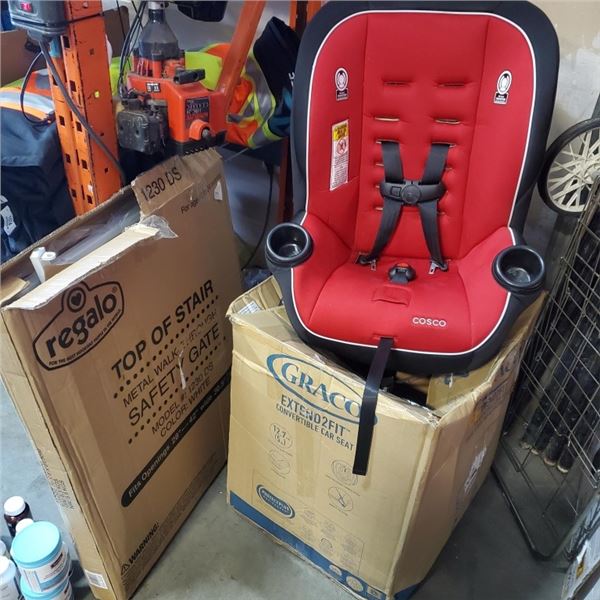 COSCO CAR SEAT GOOD UNTIL 2026, WITH REGALO TOP OF STAIR METAL WALK THROUGH SAFETY GATE