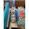 Image 4 : 2 SHOWER RODS WITH 2 BLUE FLOATING SHELVES, BAR CLAMP, TIRE GRIPS, BIKE RACK AND MORE