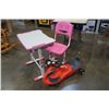 Image 1 : WYMO KIDZ ADJUSTABLE HEIGHT PINK AND WHITE DESK AND CHAIR AND PLASMA CAR RIDE ON TOY
