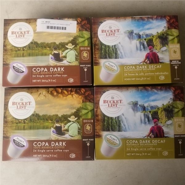 96 KEURIG PODS, BUCKET LIST COFFEE CUPS - 48 COPA DARK AND 48 COPA DECAF