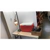 Image 1 : COLEMAN COOLER WITH BOX OF BINOCULARS, TRIPOD, LAMP AND MORE