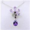 Image 1 : NEW STERLING SILVER GENUINE AMETHYST AND DIAMOND FORAL PENDANT W/ STERLING CHAIN W/ APPRAISAL $1040