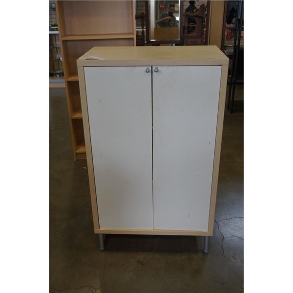 MAPLE AND WHITE CABINET - 46 INCHES TALL, 28 WIDE, 16 DEEP