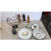 Image 1 : PORCELAIN BABY BOWL SET WITH CARVED WOODEN FIGURES METAL EGG AND WIRE BASKET