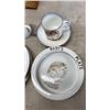 Image 2 : PORCELAIN BABY BOWL SET WITH CARVED WOODEN FIGURES METAL EGG AND WIRE BASKET