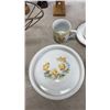 Image 3 : PORCELAIN BABY BOWL SET WITH CARVED WOODEN FIGURES METAL EGG AND WIRE BASKET