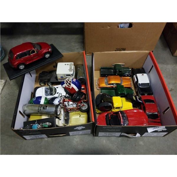 2 BOXES OF DICAST VEHICLES AND HOCKEY COLLECTIBLES