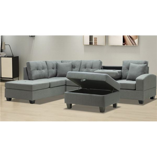 BRAND NEW GREY MODERN REVERSIBLE SECTIONAL SOFA W/ STORAGE OTTOMAN RETAIL $2499  114.5” W x 80.5” D 