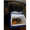 Image 1 : BOX OF COIL NAILS 2 1/4 AND 3 INCH AND STYROFOAM BIN AND BLUE BIN WITH BRASS HARDWARE AND TOOLS