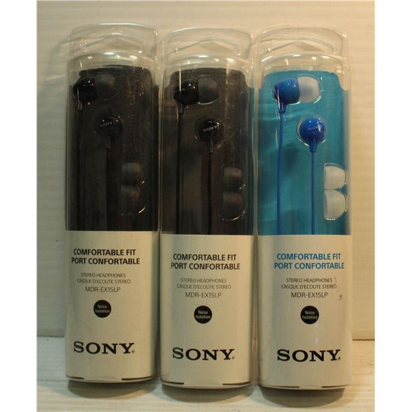 LOT OF 3 SONY COMFORT FIT STEREO HEADPHONES: