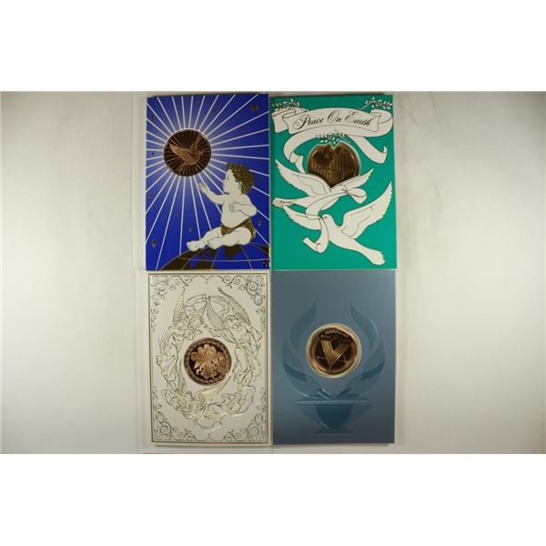 4 FRANKLIN MINT HAPPY HOLIDAY CARDS WITH BRONZE