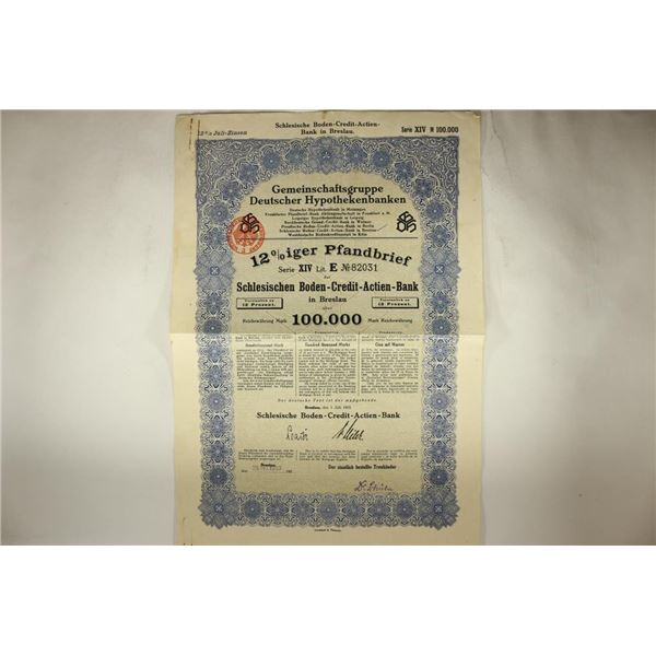 1923 GERMAN 12% 100,000 MARK BOND FROM