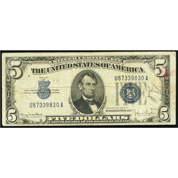 1934D $5 Wide II Silver Certificate