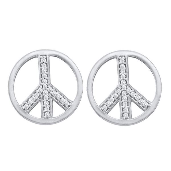 Diamond Peace Sign Circle Earrings 1/6 Cttw 10kt White Gold