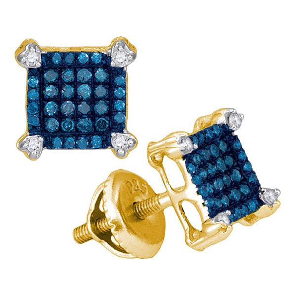 Blue Color Enhanced Diamond Square Cluster Earrings 1/4 Cttw 10kt Yellow Gold