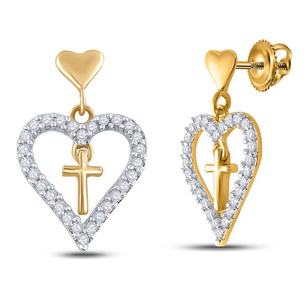 Diamond Heart Cross Dangle Earrings 1/3 Cttw 14kt Yellow Gold