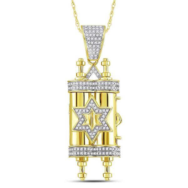 Mens Diamond Torah Magen David Scroll Charm Pendant 3/8 Cttw 10kt Yellow Gold