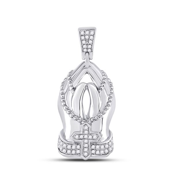 Mens Diamond Praying Hands Rosary Charm Pendant 1/4 Cttw 10kt White Gold