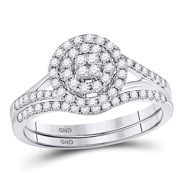 Diamond Cluster Bridal Wedding Ring Band Set 1/2 Cttw 14kt White Gold