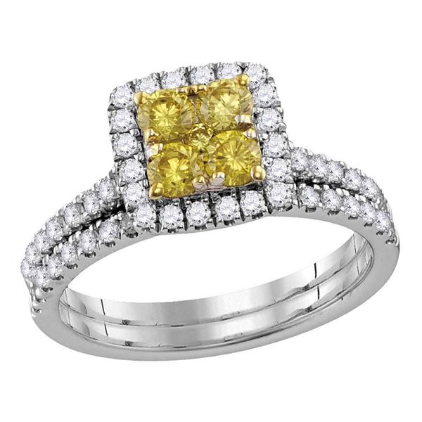 Yellow Diamond Cluster Bridal Wedding Ring Band Set 1-1/4 Cttw 14kt White Gold