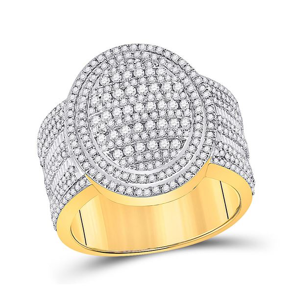 Mens Baguette Diamond Oval Statement Cluster Ring 1-5/8 Cttw 10kt Yellow Gold