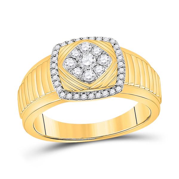 Mens Diamond Ribbed Square Cluster Ring 1/2 Cttw 10kt Yellow Gold