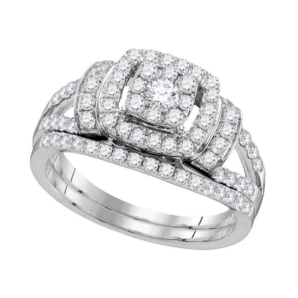 Diamond Framed Cluster Bridal Wedding Ring Band Set 1 Cttw 14kt White Gold