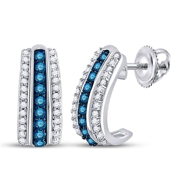 Blue Color Enhanced Diamond Half J Hoop Earrings 1/3 Cttw 10kt White Gold