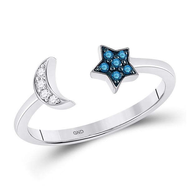Blue Color Enhanced Diamond Moon Star Ring 1/10 Cttw Sterling Silver