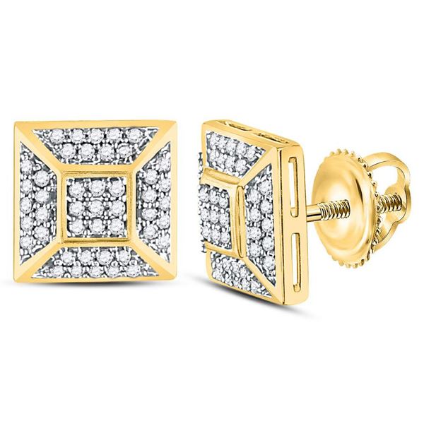 Mens Diamond Square Cluster Stud Earrings 1/5 Cttw 10kt Yellow Gold