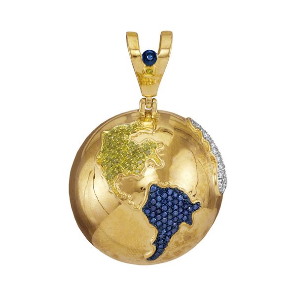 Mens Blue Color Enhanced Diamond Globe Earth Pendant 1 Cttw 10kt Yellow Gold