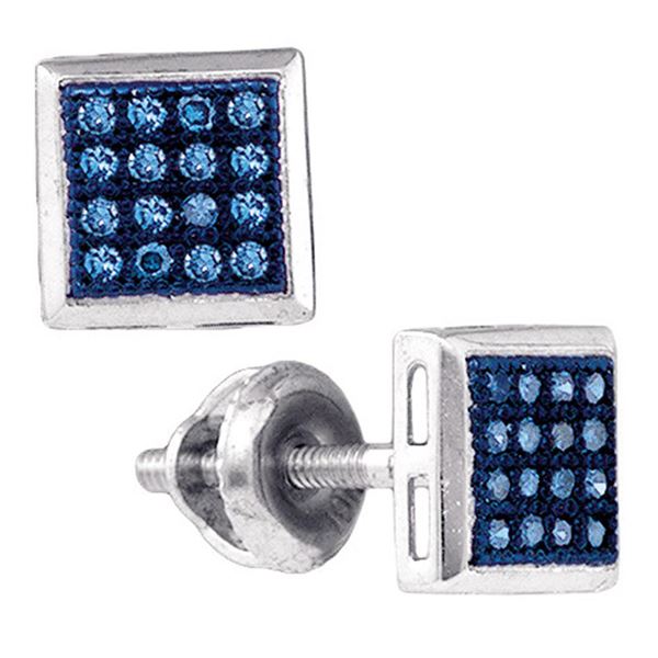 Blue Color Enhanced Diamond Square Cluster Stud Earrings 1/10 Cttw 10k White Gold
