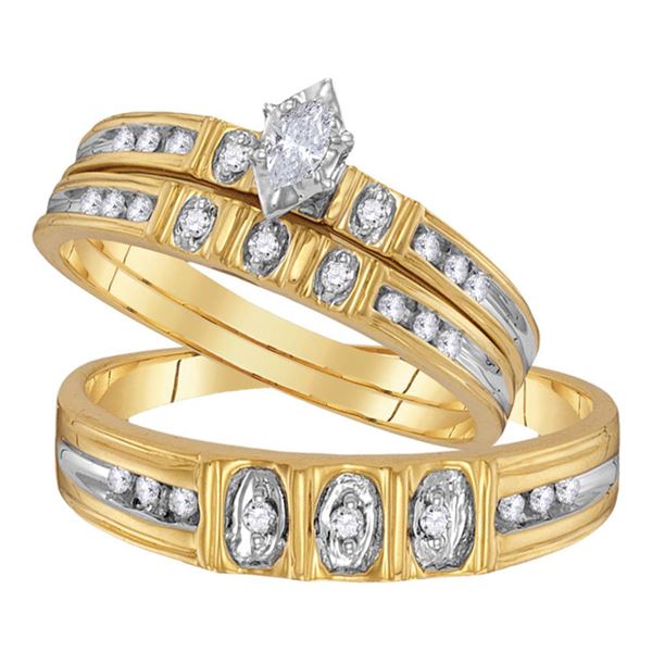 His Hers Marquise Diamond Solitaire Matching Wedding Set 1/4 Cttw 10kt Yellow Gold