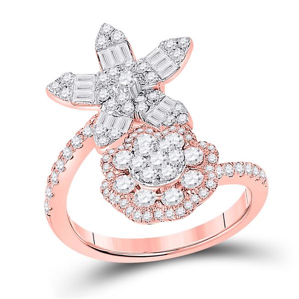 Baguette Diamond Bypass Flower Cocktail Ring 1-1/3 Cttw 14kt Rose Gold