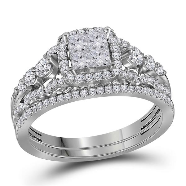Princess Diamond Cluster Bridal Wedding Ring Band Set 1 Cttw 14kt White Gold