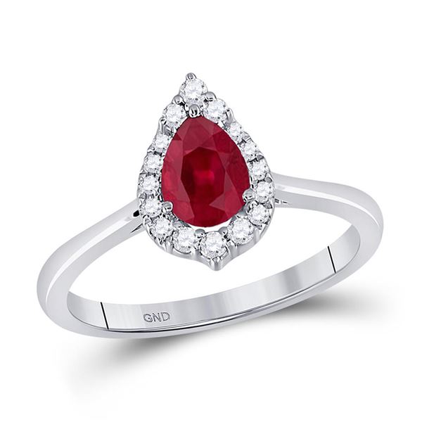 Pear Ruby Diamond Halo Fashion Ring 3/4 Cttw 14kt White Gold