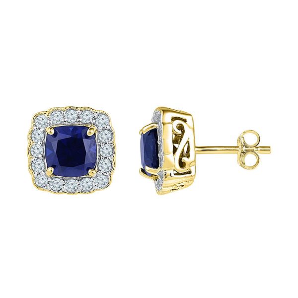 Cushion Lab-Created Blue Sapphire Stud Earrings 3-1/3 Cttw 10kt Yellow Gold