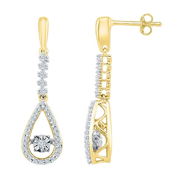 Diamond Moving Twinkle Teardrop Dangle Earrings 1/5 Cttw 10kt Yellow Gold