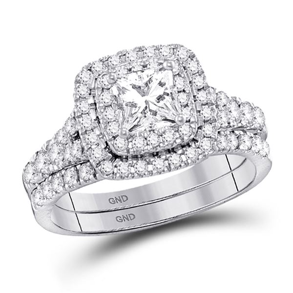 Princess Diamond HaloBridal Wedding Engagement Ring Set 1-1/2 Cttw 14kt White Gold