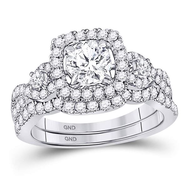 Diamond Halo Bridal Wedding Ring Band Set 1-3/4 Cttw 14kt White Gold
