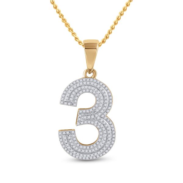 Mens Diamond Number 3 Charm Pendant 5/8 Cttw 10kt Yellow Gold