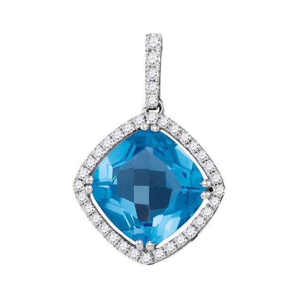 Cushion Blue Topaz Diamond Square Solitaire Pendant 3-1/2 Cttw 14kt White Gold