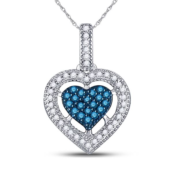 Blue Color Enhanced Diamond Framed Heart Pendant 1/5 Cttw 10kt White Gold