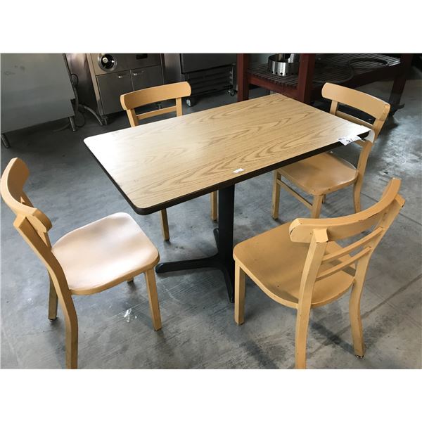 NATURAL OAK 3.5' X 2' BISTRO TABLE WITH 4 LIGHT WOOD GRAIN METAL BISTRO CHAIRS