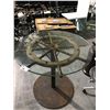 Image 2 : SHIP WHEEL BAR HEIGHT CAPTAINS TABLE WITH GLASS TOP 44" DIAM. X 43" HIGH