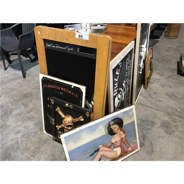 LOT OF SANDWICH BOARD AND 5 PIECES OF NAUTICAL WALL HANGINGS