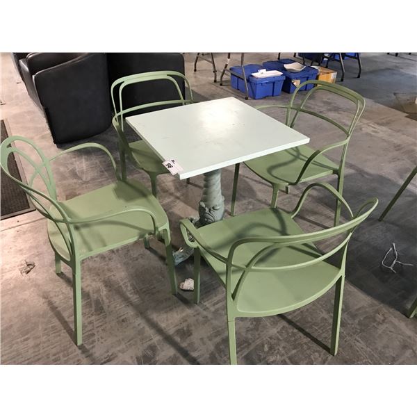 6 SEAFOAM GREEN TABLES, MISC. SIZE ON METAL BASE WITH 10 MATCHING METAL ARM CHAIRS